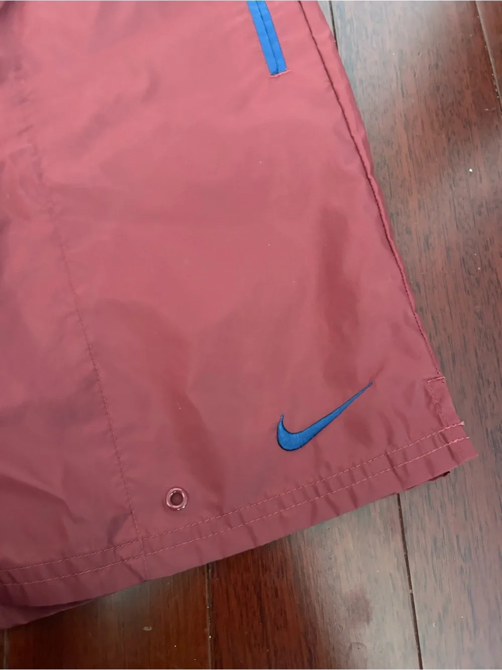 Nike Boy’s Y2K Maroon Athletic Nylon Shorts with Blue Trim 7” Inseam Mesh Lining